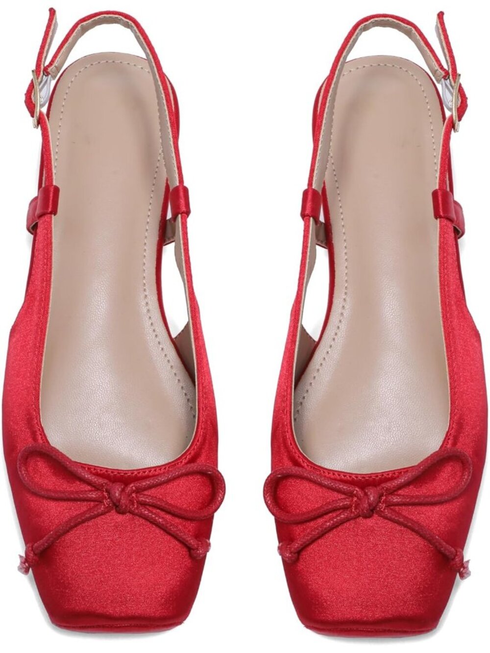Women's True Red Slingback Square Toe Bow Knit Ankle Buckle Satin Ballet Flats